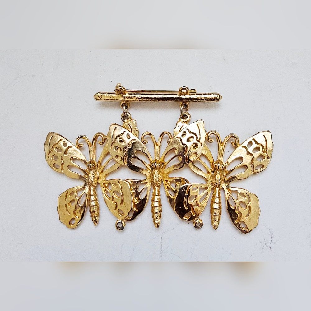 Vintage Ultra Craft Half 3 Butterfly Gold Shoulder Large Brooch Can Add Charms